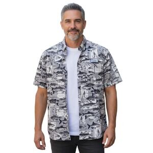Columbia Fish Print Short Sleeve Button Up Shirt Mens‎ Fishing Angling